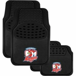 Budget 🤩 NRL Floor Mats - Roosters, Combo Rubber/Carpet, Black, Set Of 4 🧨