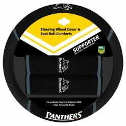 New ✔️ NRL Steering Wheel Cover And Seat Belt Buddies - Panthers, 380mm Diameter ❤️